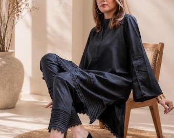 Salwar Kameez negro hecho a mano, vestido pakistaní tradicional indio, traje de césped, conjunto étnico de algodón con dupatta de gasa para mujer.