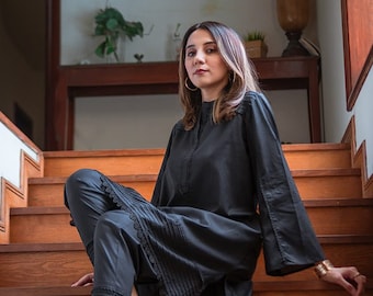 Shalwar Kameez negro: vestido indio pakistaní hecho a mano con encaje