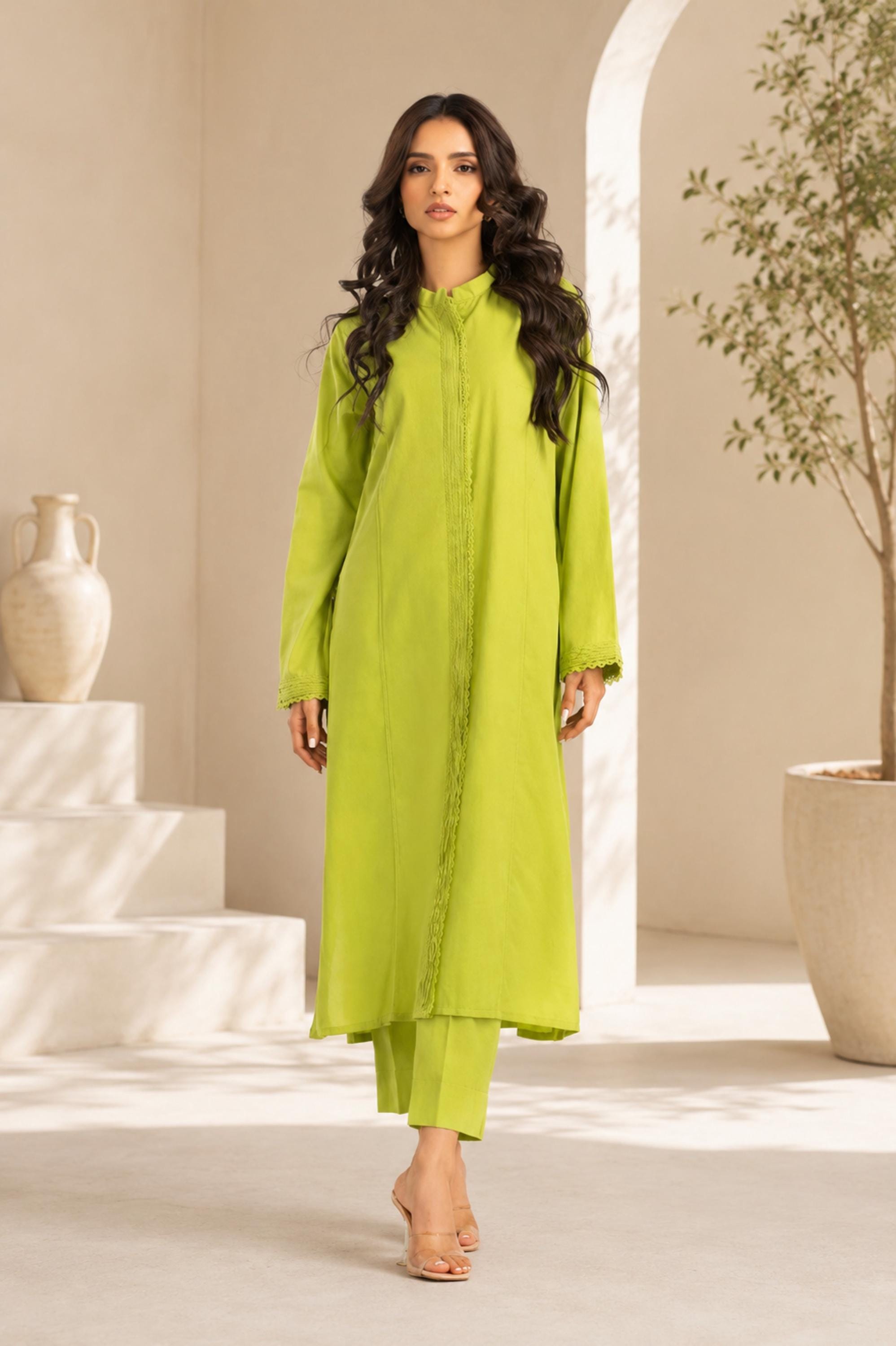 ワンピース PAKISTANI SHALWAR SIZE L Long Sleeve Kameez Kurta for Women, Neon Green Handmade Pakistani