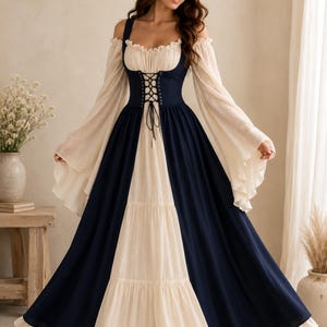 cream and navy blue dress Italian blue prom dress