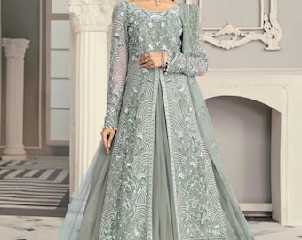 Vestido de novia lehenga bordado a mano: vestido de novia pakistaní gris verdoso