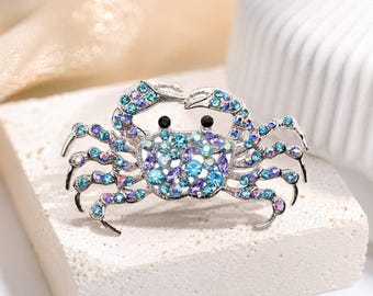 Blue Crab Brooch Rhinestone Ocean Animal Pin Marine Life Jewelry Coastal Fashion Accessory Gift for Her