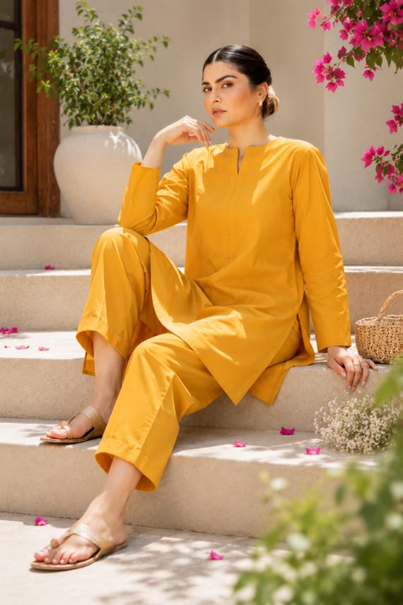 ladies dress salwar suit Yellow Kameez Handmade Stitched Women Dress, Pakistani Indian Yellow Salwar Suit, Traditional Shalwar Kameez With Chiffon Dupatta incoming