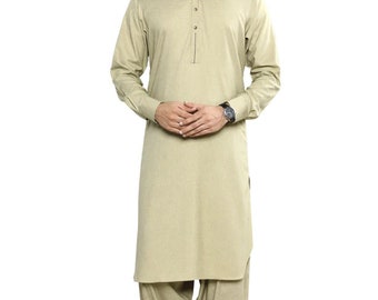 Shalwar Kameez para hombre hecho a mano: pijama kurta beige verdoso, vestido Eid