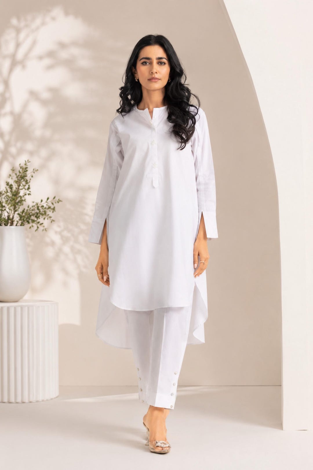 White Salwar Kameez Handmade Long Sleeve Kameez Casual Plain
