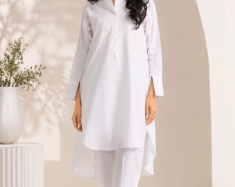 White Salwar Kameez Handmade Long Sleeve Kameez Casual Plain Shalwar Kameez Traditional Pakistani Indian Outfit for Women
