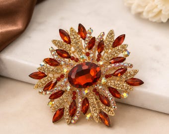 Mum Flower Brooch Crystal Floral Pin Rhinestone Large Flower Brooch Statement Jewelry Wedding Party Accessory