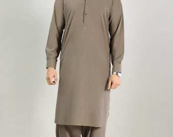 Shalwar Kameez de algodón marrón claro para hombre: vestido pakistaní de Eid hecho a mano