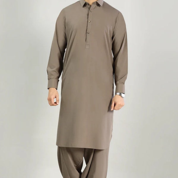 Mens Light Brown Textured Shirt Collar Shalwar Kameez Handmade Kurta Shalwar Brown Kurta Pajama Pakistani Plain Shalwar Kamiz Eid Dress