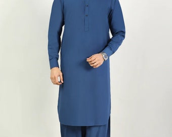 Shalwar Kameez de algodón azul para hombre: Kurta pakistaní hecha a mano