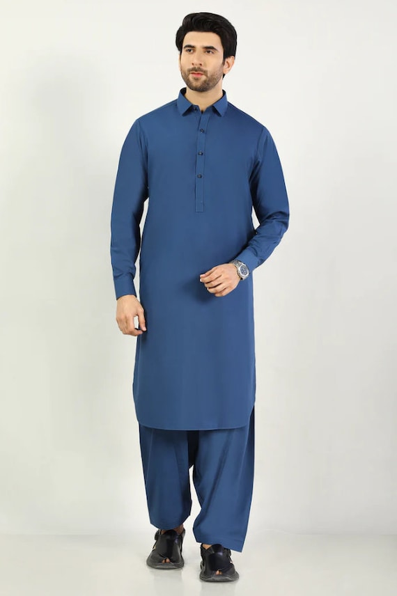 Mens Blue Textured Shirt Collar Plain Shalwar Kameez Mens Eid