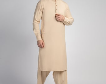 Pijama kurta Eid para hombre, hecho a mano, beige claro, Shalwar Kameez
