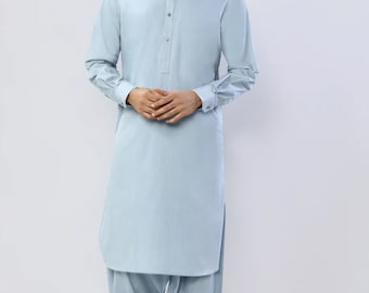 Shalwar Kameez de algodón azul claro para hombre: Kurta pakistaní hecha a mano