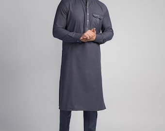 Pijama kurta pakistaní azul grisáceo texturizado hecho a mano para hombre