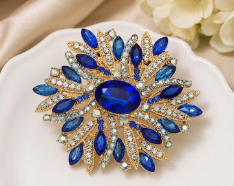 Grey Blue Brooch Crystal Floral Pin Statement Mum Flower Brooch Jewelry Wedding Party Accessory Gift