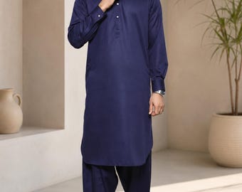 Men's Purple Salwar Kameez Handmade Textured Collar Stylish Kurta Suit Traditional Indian Pakistani Men Shalwar Kurta