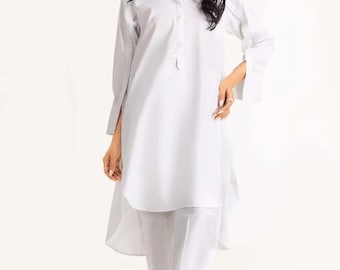 Shalwar Kameez de algodón blanco hecho a mano: vestido indio pakistaní