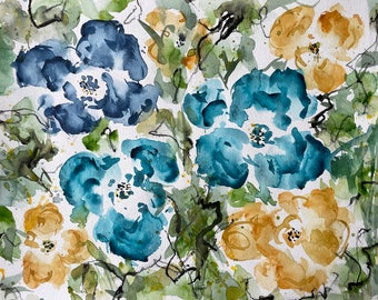 11x14 Original watercolor floral abstract painting. One of a kind original, NOT a print.Horizontal