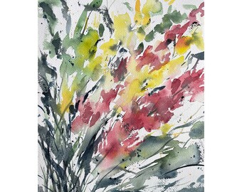 9x12 Original watercolor red and yellow floral abstract painting. One of a kind original, NOT a print.