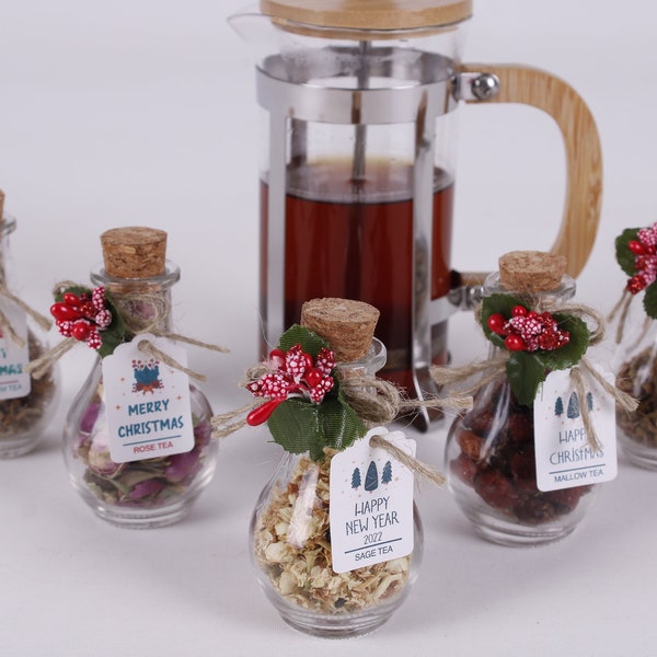 Christmas Tea favors for guests, Personalized Bulk gifts, Happy Holiday favor, Loose Leaf Tea Favor, Tea jars, Unique gift, Herbal Tea gifts
