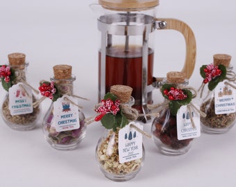 Christmas Tea favors for guests, Personalized Bulk gifts, Happy Holiday favor, Loose Leaf Tea Favor, Tea jars, Unique gift, Herbal Tea gifts