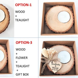 May include: Four different options for a wooden candle holder. The first option is a simple wooden slice with a tealight candle. The second option is the same wooden slice with a tealight candle in a gift box. The third option is the same wooden slice with a tealight candle, a small dried flower, and a gift box. The fourth option is the same wooden slice with a tealight candle, a small dried flower, a wooden tag, and a gift box.