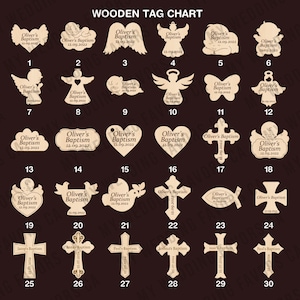 May include: A wooden tag chart featuring various shapes like angels, hearts, and crosses. Each tag is engraved with "Oliver's Baptism" and the date "12.09.2022". Some tags also include names like "Jacop's Baptism".