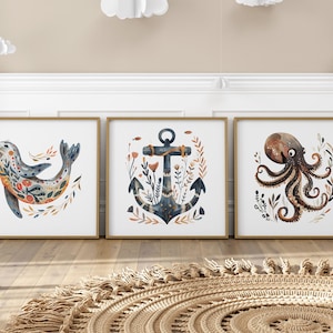 Norwegian Folk Art Floral Sealife Print Set of 3, Nordic Wall Art, Bedroom Living Room Home Cafe Decor - Scandinavian Art, Digital Download