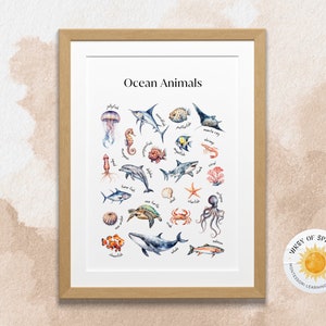 Ocean Animals Poster, Montessori Materials, Montessori Educational Posters, Nursery Wall Decor, Playroom Decor, Pre-School, DIGITAL DOWNLOAD