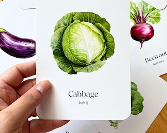 May include: A close-up of a green cabbage with the word "Cabbage" and the phonetic spelling "kab ij" written below it.