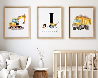 Construction Truck Nursery Prints: Personalized Digger Decor (Set of 3) (Digital Download)
