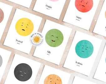 May include: A set of 10 printable cards featuring different emotions with watercolor illustrations of faces. Each card has a word describing the emotion and a short definition. The emotions are: Happy, Angry, Excited, Scared, Silly, Jealous, Worried, Sad, Calm, and Confused.