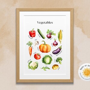 Impresión educativa de verduras, decoración del aula, cartel de verduras de acuarela, verduras arco iris, cartel de aprendizaje, cartel de guardería Montessori