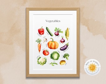 May include: A printable educational chart featuring watercolor illustrations of various vegetables, including red pepper, cucumber, beet, corn, garlic, carrot, tomato, pumpkin, cabbage, broccoli, cauliflower, peas, and potato. The title of the chart is "Vegetables".