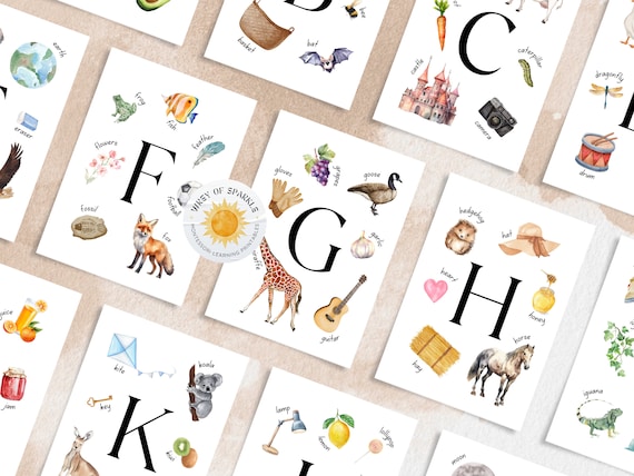 Nature Alphabet Flashcards, Watercolor Learning Cards (Digital Download)