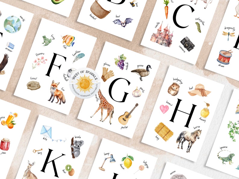 May include: A set of alphabet flashcards with watercolor illustrations of various objects. Each card features a large letter and several smaller images representing words that start with that letter. For example, the card for "F" shows a fox, a feather, a fish, and a flower.