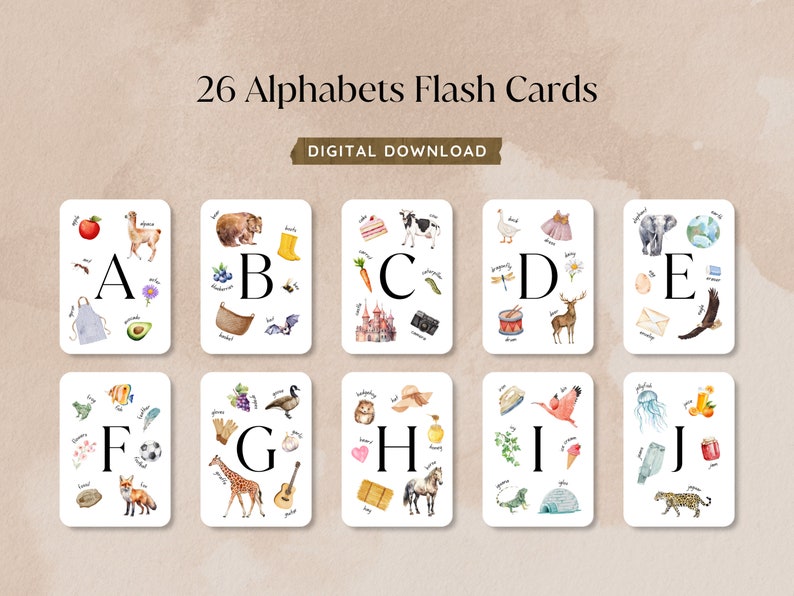 May include: A set of 26 alphabet flash cards featuring watercolor illustrations of various objects and animals. Each card has a letter of the alphabet and a corresponding image, such as an apple for A, a bear for B, and a castle for C.