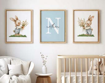 Blue Bunny Nursery Decor: Personalized Boy Name Prints (Digital Download)