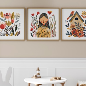 Norwegian Folk Art Floral Bird Print Set of 3, Nordic Wall Art, Bedroom Living Room Home Cafe Decor, Scandinavian Art, Digital Download