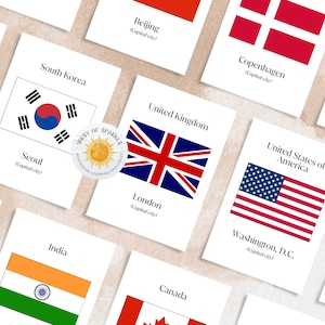 196 Country Flags and Capitals Flashcards, World Flags Printable, Geography Learning Resource Flashcards, Homeschooling Montessori
