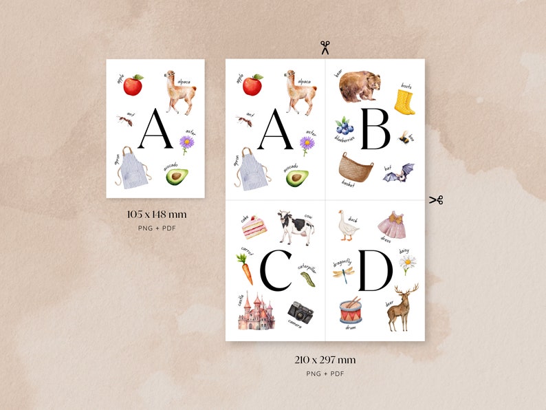 May include: A set of four alphabet flashcards featuring watercolor illustrations of various objects. Each card features a letter of the alphabet, A, B, C, and D, and a variety of images that start with that letter. For example, the A card features an apple, an alpaca, an ant, an apron, and an avocado.