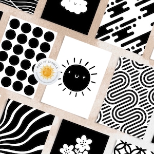 Lot de 60 cartes pour bébés à contraste élevé, cartes sensorielles Montessori imprimables en noir et blanc pour la stimulation du nourrisson, TÉLÉCHARGEMENT NUMÉRIQUE