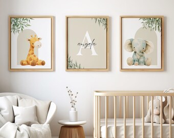 Set of 3 Jungle Animal Nursery Decor Wall Art Print, Personalized name, Safari Nursery Decor, Lion Elephant Kids Printable, Digital Download