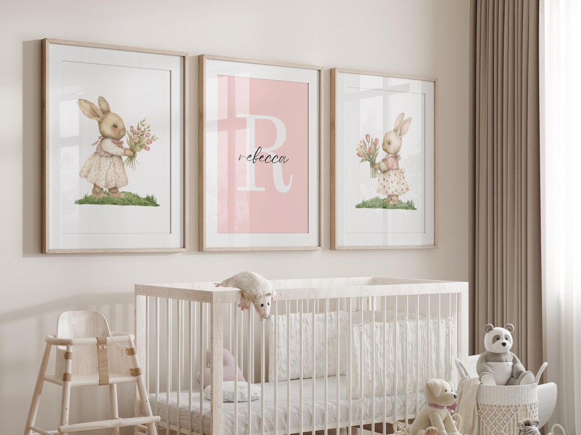 Pink Bunny Nursery Decor: Personalized Girl Name Art (digital Download ...