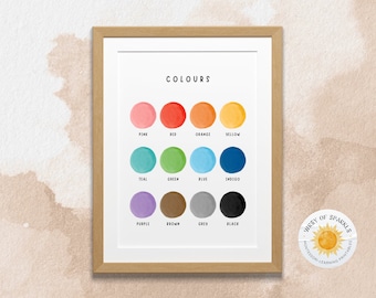 May include: A printable chart with the word "COLOURS" at the top and 12 color swatches with their names below each swatch: pink, red, orange, yellow, teal, green, blue, indigo, purple, brown, grey, and black. The chart is framed in a light wood frame. A sticker with a sun and the text "Mirey of Sparkles Montessori Learning Printables" is in the bottom right corner.