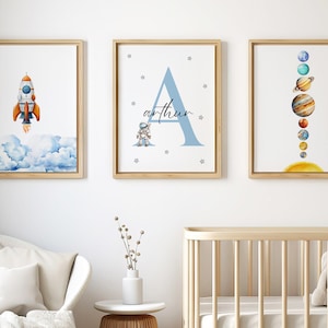 Personalised Space Initial Print, Solar System Print, Space Nursery Prints, Outer Space Printable Wall Art Set of 3, Nursery Decor, Download