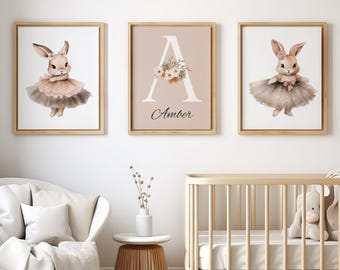 Set of 3 Pink Bunny Rabbit Nursery Decor Wall Art Print, Personalized Girl&#39;s Nursery Decor, Pink Bunny Girls Printable, Digital Download