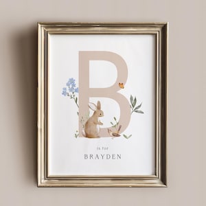 Impresión de nombre personalizada, arte de pared para guardería de conejo, impresión de letras y nombres de animales del bosque, impresiones para guardería, arte de pared para guardería, guardería de conejito