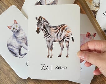 Animal Alphabet Flash Cards: Watercolor Montessori Learning Cards