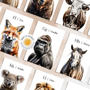 Cartes flash imprimables alphabet animaux, décoration de chambre d'enfant, ressource d'apprentissage préscolaire pour tout-petits, cartes flash Montessori, téléchargement numérique